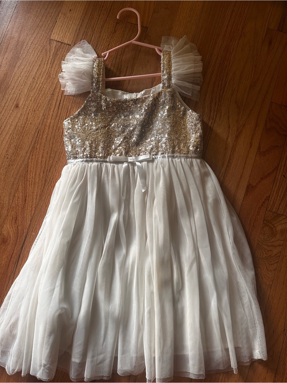Girls White and Gold Sequin Tulle Party Dress